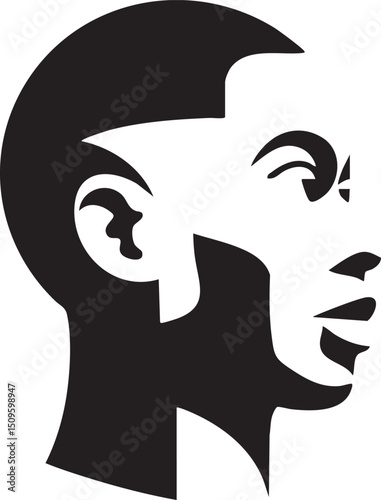 stark black and white portrait of a facing human head.