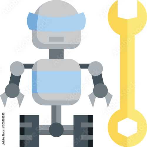 Robot stands beside a wrench in a workshop, ready to perform maintenance and repairs with a mechanical and technological theme.