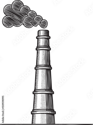 tall cylindrical smokestack emits plumes of gray smoke into a clear sky.