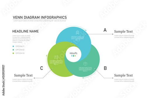 Venn diagram infographic chart template for business 3 parts, options, presentation with venn diagram elements vector illustration.
