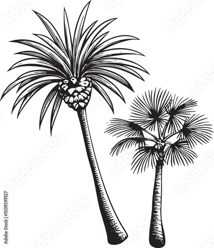Two palm trees stand upright in a  rendered in black and white.