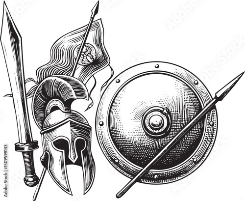 warrior stands ready with a sword shield and spear.