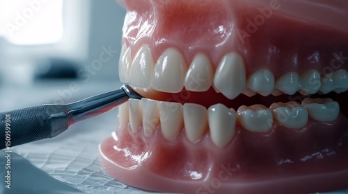 Detailed view of a dental prosthesis being sculpted by a professional technician precision tools in use realistic texture and lighting