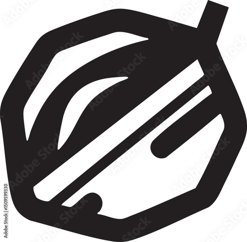 stylized black circular symbol with intersecting lines and a vertical element.