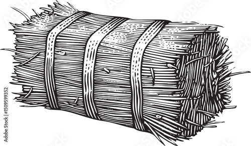 tightly bound bundle of dried plant stalks is secured with woven bands.