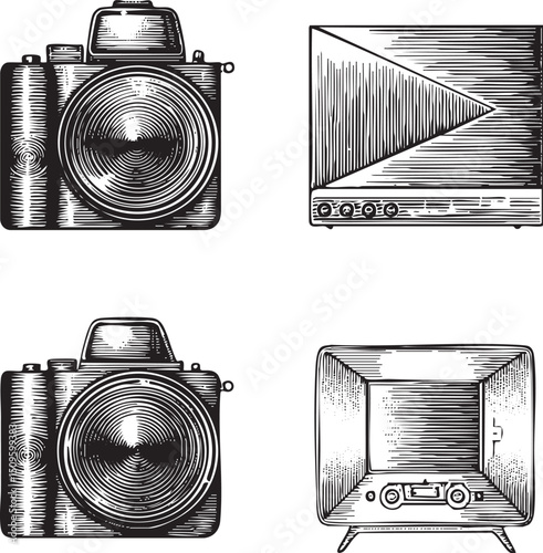 Two vintage cameras and televisions are depicted in a detailed black and white engraving.
