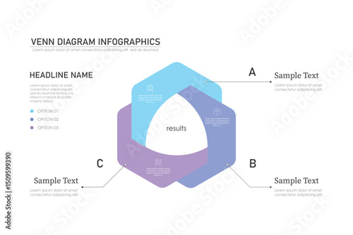 Venn diagram infographic chart template for business 3 parts, options, presentation with venn diagram elements vector illustration.
