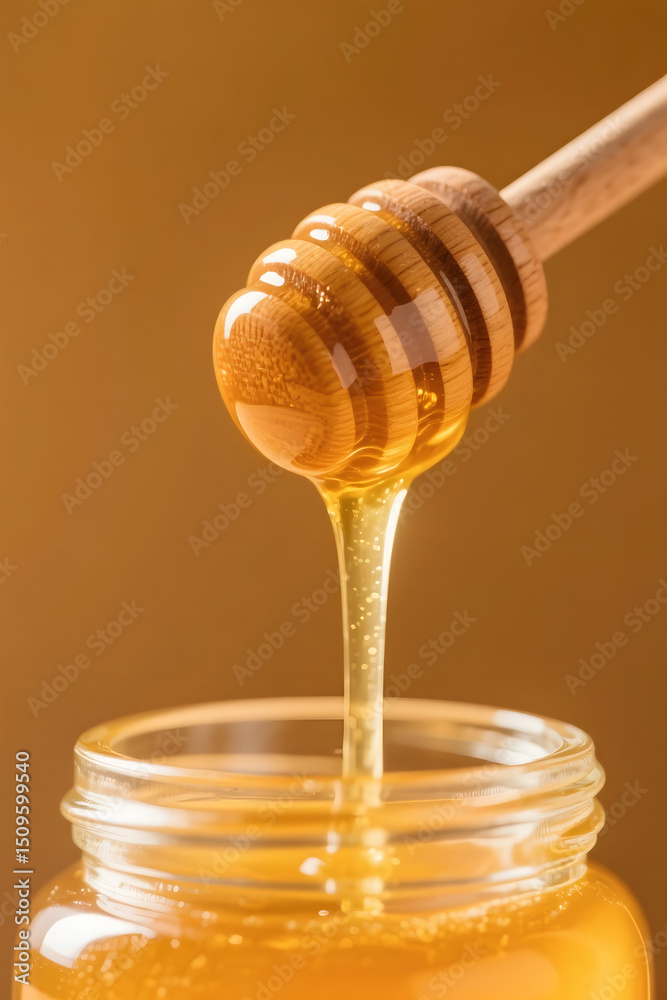 Golden Honey Dripping from Wooden Honey Dipper into Glass Jar Golden Honey Dripping from Wooden Honey Dipper into Glass Jar