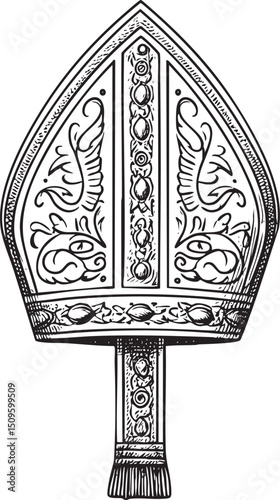 detailed black and white of a bishop’s mitre.