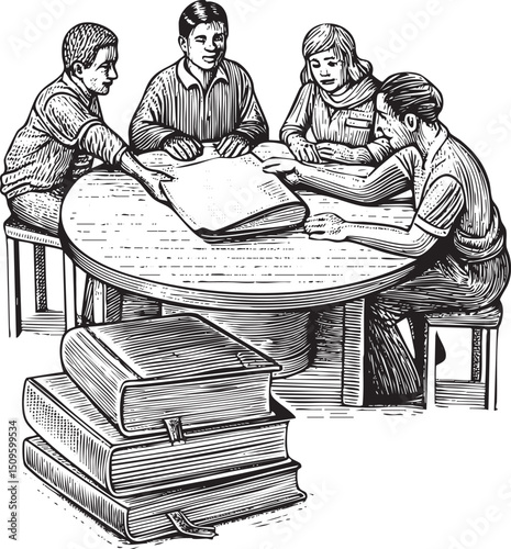 Four adults examine a large architectural plan around a wooden table.