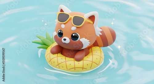 Adorable red panda with sunglasses relaxing on a pineapple float in a sparkling blue pool, enjoying a fun summer day.