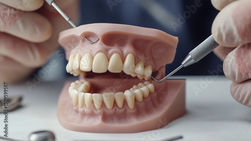 Detailed view of a dental prosthesis being sculpted by a professional technician precision tools in use realistic texture and lighting