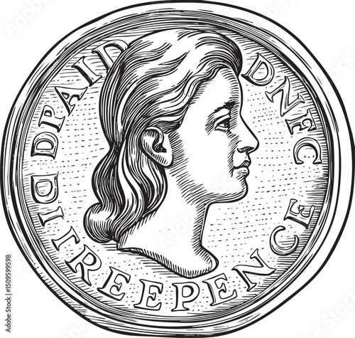 detailed black and white engraving depicts a regal portrait of a woman's head within a circular frame.