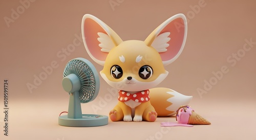 Adorable cartoon fennec fox with huge ears sits beside a fan, cooling off while a scoop of melting ice cream lies nearby on the floor.