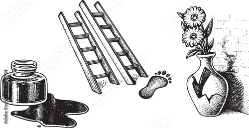 black inkwell spills onto a wooden ladder beside a vase of flowers and a footprint.