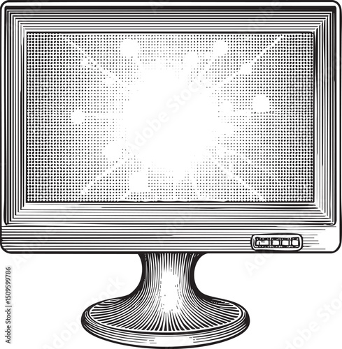 black and white computer monitor displays a radiant circular glow.