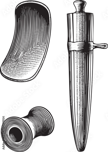 black and white depicts a writing tool set including a quill pen an inkwell and a rolling pin.