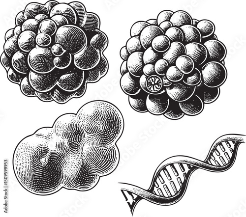 Four stylized textured spheres represent cellular structures in a detailed engraving.