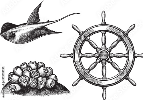 stylized ray soars above a pile of driftwood and a ship's wheel.