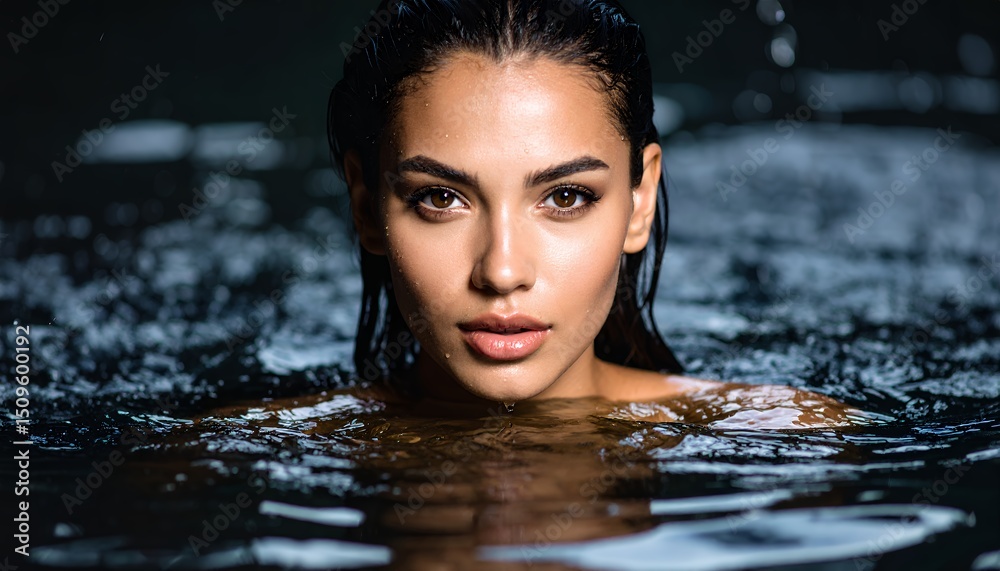 Fototapeta premium A captivating close-up of a beautiful brunette woman partially submerged in dark water, her face serene and glistening with water droplets.