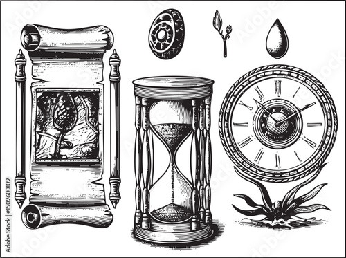 black and white showcases a scroll hourglass clock and droplet amidst decorative elements.
