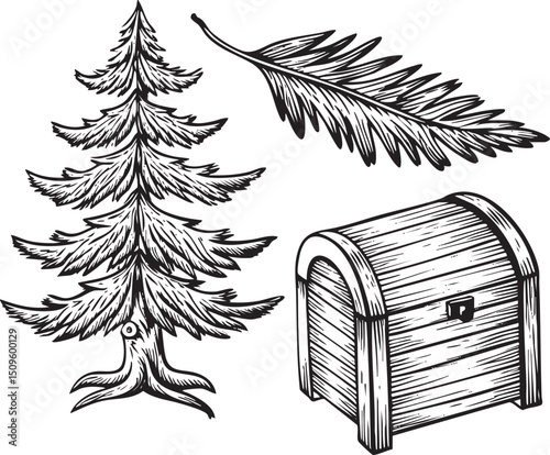 stylized black and white of a pine tree a fern frond and an ornate wooden chest.