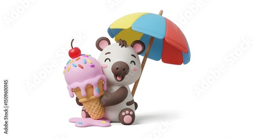 Cute cartoon bear enjoying a giant melting ice cream under a colorful beach umbrella. Fun and playful 3D summer illustration with bright colors and sweet treats.