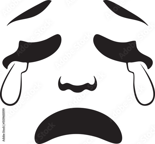 stylized black and white depicts a sorrowful face with tears.