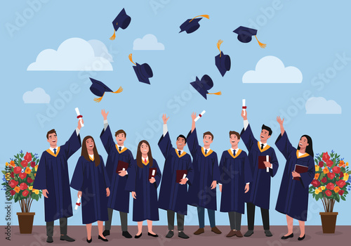 Graduation Day Celebration Students Throwing Caps in the Air