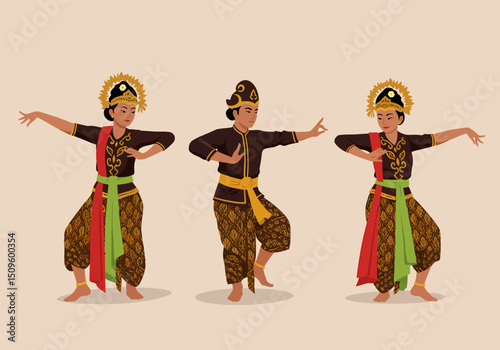 Traditional Javanese Dancers Performing Elegant Moves of Indonesian Art