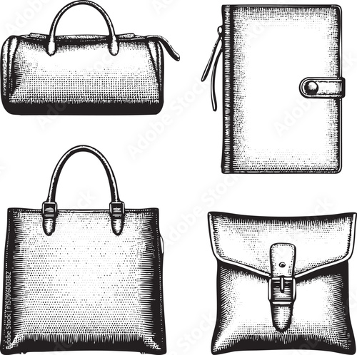 Four distinct leather bags are illustrated in a black and white sketch style.