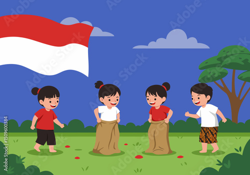 Children Playing Sack Race Game Celebrating Indonesian Independence Day