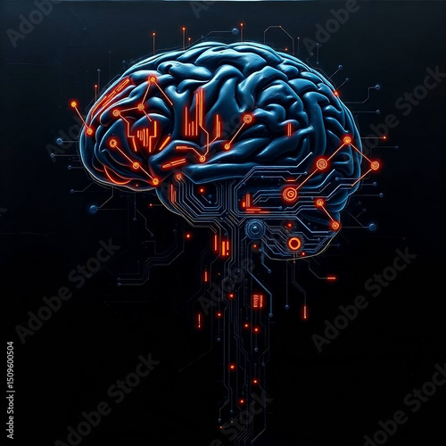 Cast Bronze Brain Circuit with Glowing Digital Mesh

