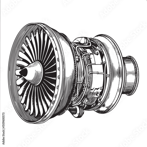 detailed black and white of a jet engine’s internal components.