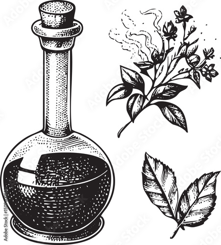 dark glass bottle contains a viscous liquid accompanied by botanical sprigs and a single leaf.