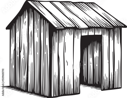 weathered wooden shed stands solitary against a muted background.