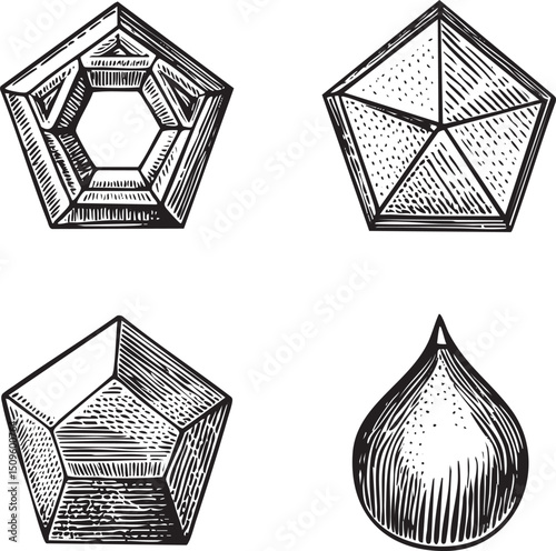 Five geometric shapes including a pentagon and a water droplet are presented in a detailed black and white engraving.