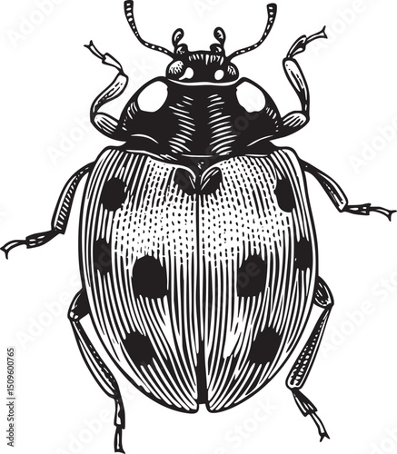 black ladybug rests on a textured surface.