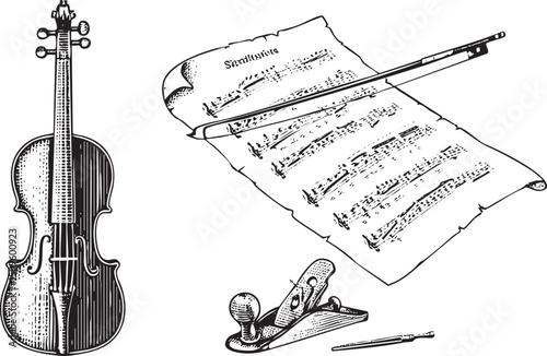 vintage violin rests beside sheet music and a wood carving tool.