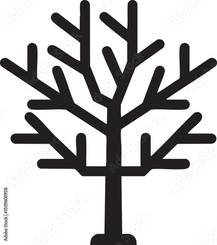 stylized black tree stands upright against a white background.