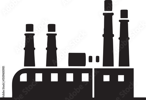 stark black and white silhouette of a factory with multiple smokestacks.