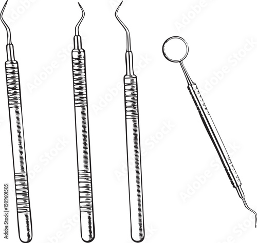 Four dental instruments rest on a white surface.