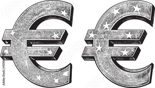 Two stylized currency symbols Euros are intricately etched with stars.