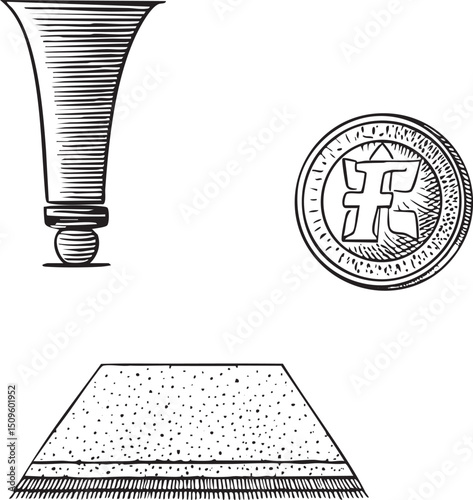 detailed showcases a stylized trumpet an ancient coin and a textured stone surface.