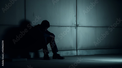 The silhouette of a forlorn man, seated alone next to a cold, rough concrete wall, conveys the anguish of addiction, be it to alcohol or drugs, and the debilitating effects of anxiety on mental , blac