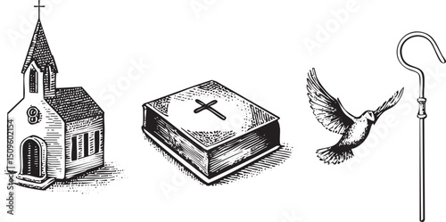 black and white depicts a small church an open Bible and a .