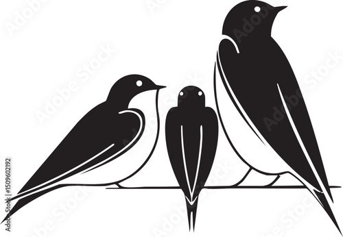Three stylized black birds perched on a branch.