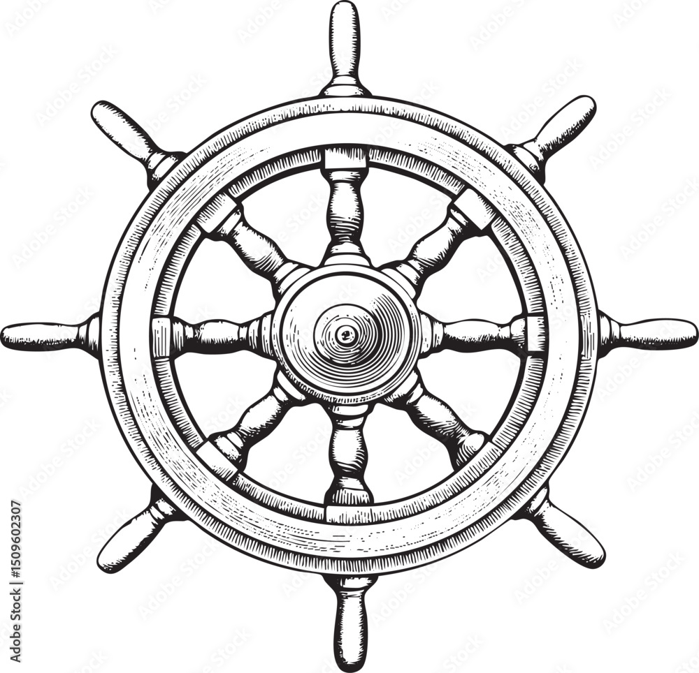 Obraz premium weathered wooden steering wheel dominates a circular nautical instrument.