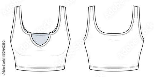 Ribbed Knit Crop Tank Top Technical Fashion Illustration. Scoop Neck Sleeveless Fitted Top Vector Template. Front and Back View. Women’s Basic. CAD Mockup set.