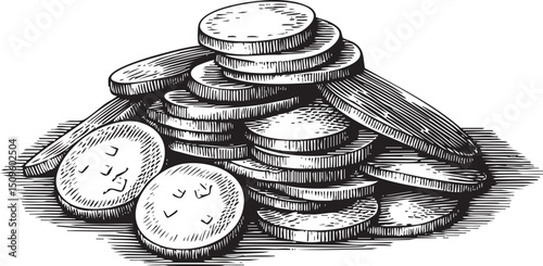 stack of coins rests on a wooden surface.